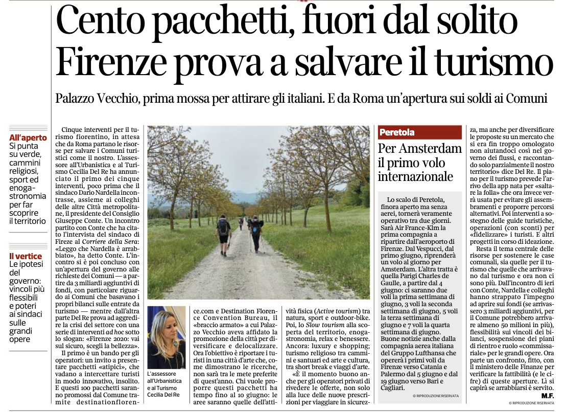 Cento pacchetti fuori dal solito, Firenze prova a salvare il turismo| Corriere Fiorentino, Nazione, Repubblica Firenze