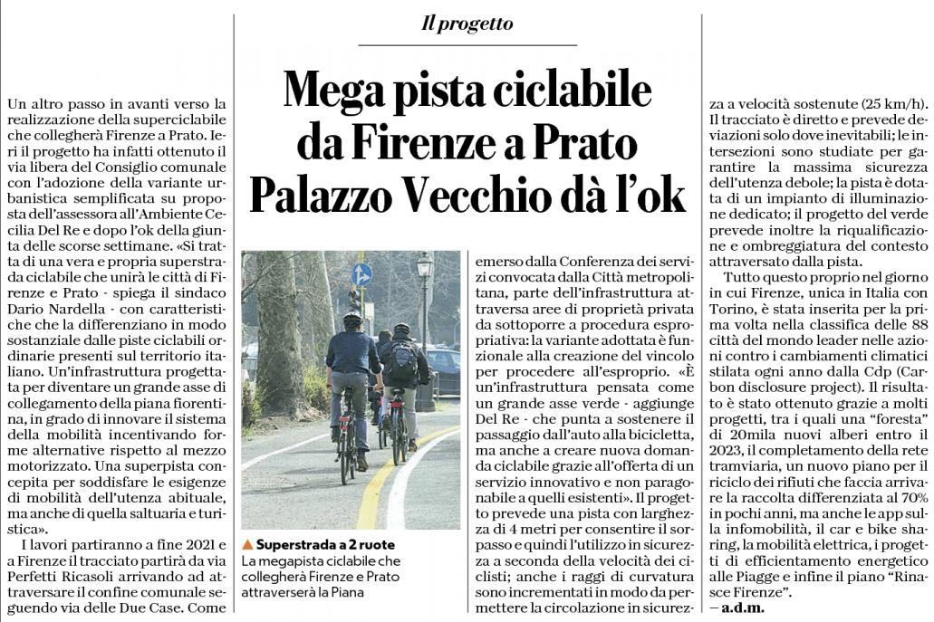 La superstrada delle bici, da Prato a Firenze | Repubblica Firenze, Corriere Fiorentino, La Nazione Firenze